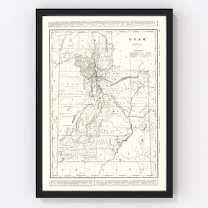 Utah Map 1895 - Old Map of Utah Art Vintage Print Framed Wall Art Canvas Portrait UT History Genealogy Farmhouse Décor