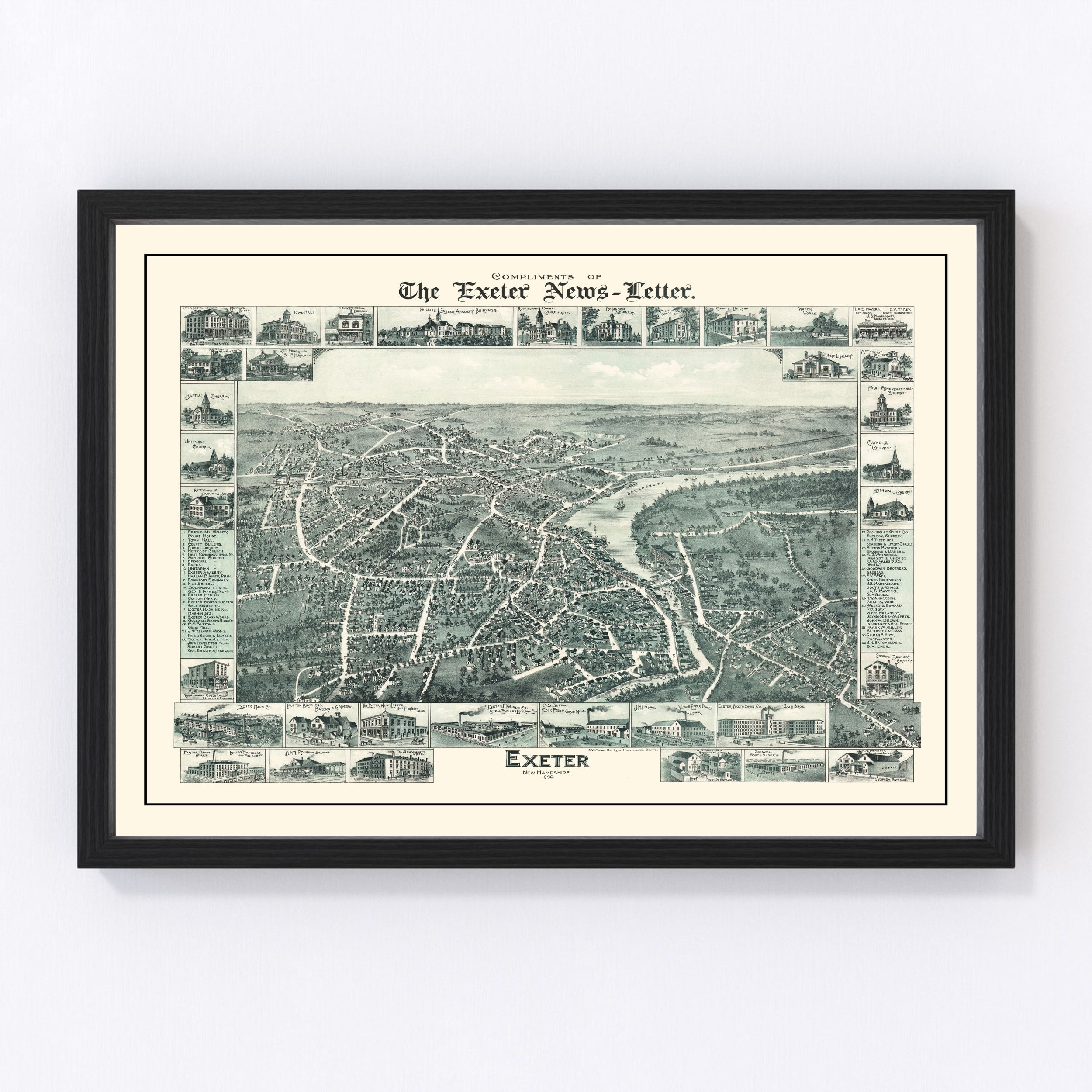 Exeter Map 1896, Vintage Exeter Map, Old Exeter New Hampshire Art, Wall Art Gift for Exeter History Lovers Retro Decor