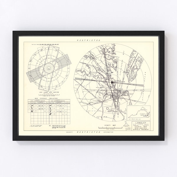 Langley Air Force Base Vicinity Map 1951 - Old Map of Langley Air Force Base Vicinity Art Vintage Print Framed Wall Art Canvas Portrait