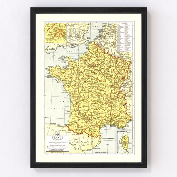 フランスアンティーク　MAP France Map 1943, Vintage France Map, Old France Art, Wall Art Gift