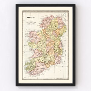 Ireland Map 1883, Vintage Ireland Map, Old Ireland Art, Wall Art Gift for Ireland History Lovers Retro Decor