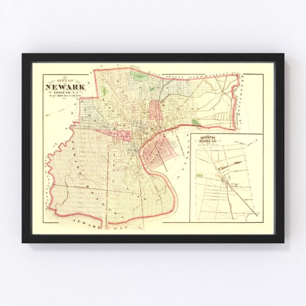 Newark Map 1872 - Old Map of Newark New Jersey Art Vintage Print Framed Canvas Portrait History Genealogy Farmhouse Déco