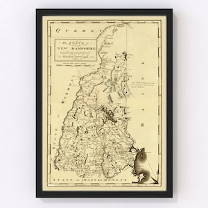 New Hampshire Map 1794 - Old Map of New Hampshire Art Vintage Print Framed Wall Art Canvas Portrait NH History Genealogy Farmhouse Décor