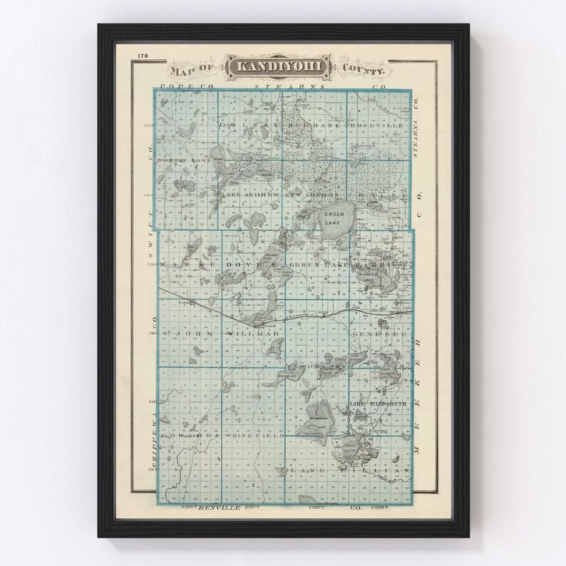 Kandiyohi County MN Map 1874 Old Map of Willmar Minnesota Art Vintage Print Framed Canvas Bird's Eye View Portrait History Genealogy image 1