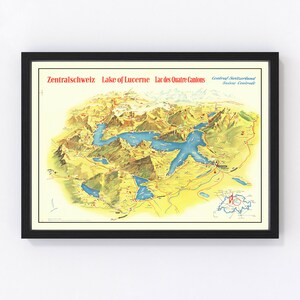 May include: A vintage map of Lake Lucerne in Switzerland, also known as Lac des Quatre Cantons. The map is illustrated with a yellow, green, and blue color scheme. The map shows the surrounding mountains, towns, and roads. The text "Zentralschweiz" is at the top of the map.