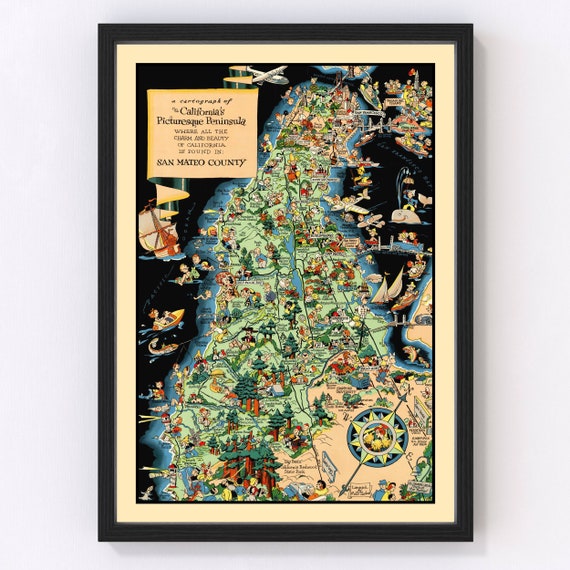 San Mateo County Map 1930, Vintage San Mateo County Map, Old San Mateo County California Art, Wall Art Gift for San Mateo County History Lov