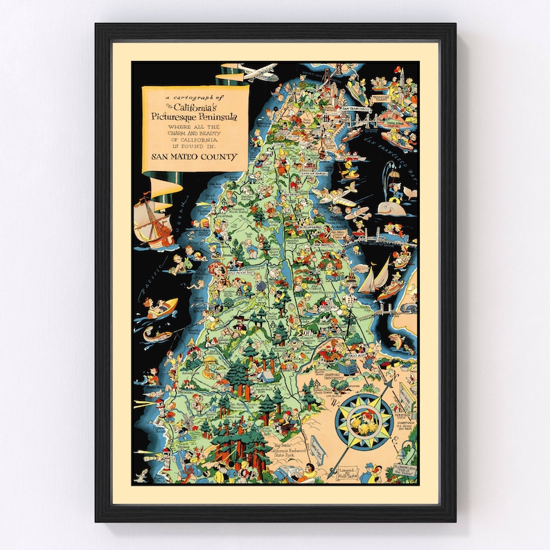 San Mateo County Map 1930, Vintage San Mateo County Map, Old San Mateo County California Art, Wall Art Gift for San Mateo County History Lov Bild 1