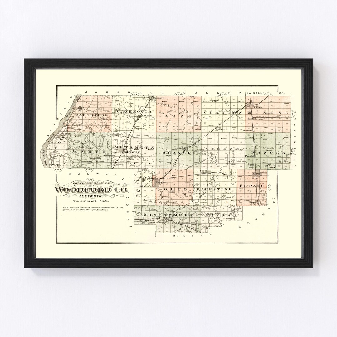 Woodford County IL Map 1893 Old Map of Illinois Art Vintage Print Framed Canvas Portrait History ...
