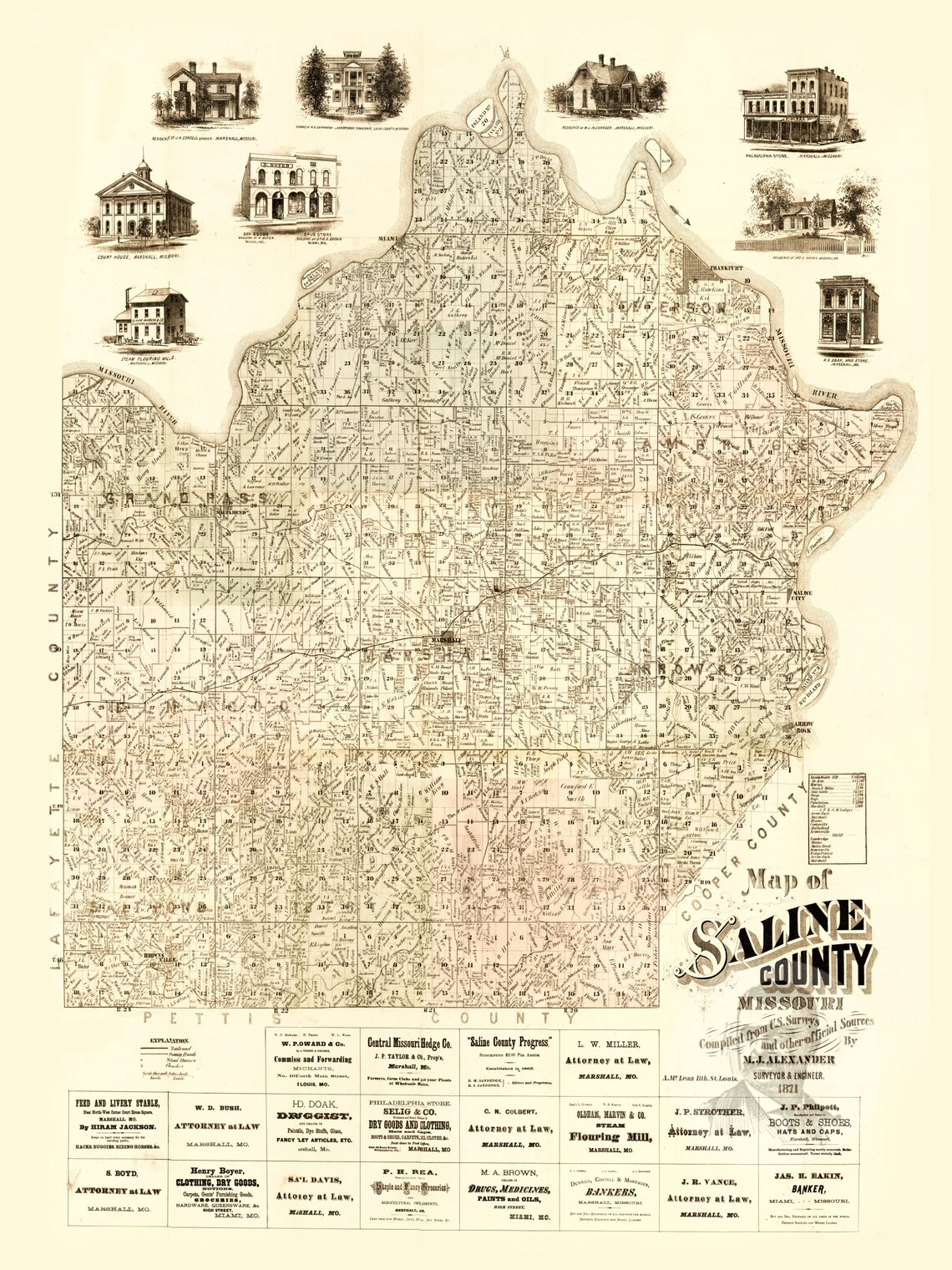 Saline County Missouri Vintage Map From 1871 Old County Map Etsy UK