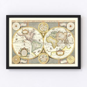 World Map Art Print 1642 - Framed World Map Wall Decor 1642 Canvas Portrait Educational History