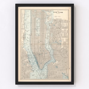 New York City Map 1893, Vintage New York City Map, Old New York City New York Art, Wall Art Gift for New York City History Lovers Retro Deco