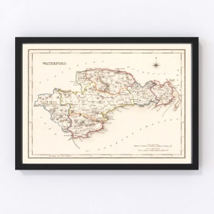 Waterford County Ireland Map 1846 - Old Map of Waterford County Ireland Ireland Art Vintage Print Framed Wall Art Canvas Portrait