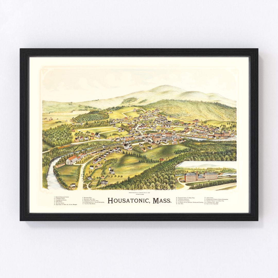 Housatonic Map 1890 Old Map of Housatonic Massachusetts Art Vintage Print Framed Canvas Birds