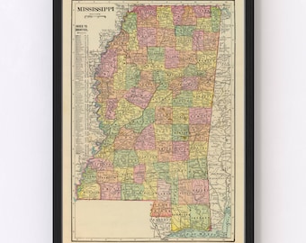 Mississippi Map 1909, Vintage Mississippi Map, Old Mississippi Art, Wall Art Gift for Mississippi History Lovers Retro Decor