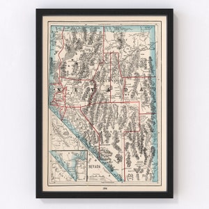Nevada Map 1893 - Old Map of Nevada Art Vintage Print Framed Wall Art Canvas Portrait NV History Genealogy Farmhouse Décor