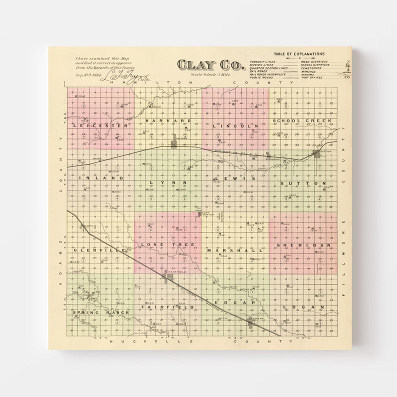 Clay County NE Map 1885 Old Map of Clay Center Nebraska Art Etsy