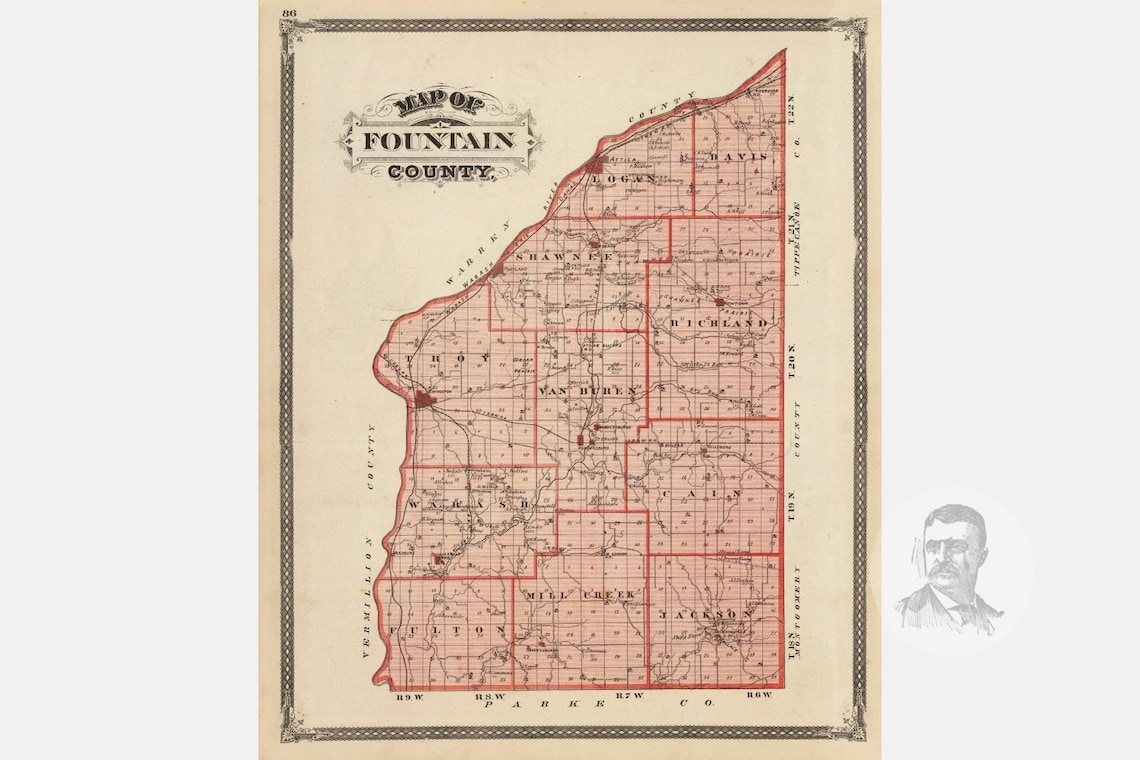 Vintage Fountain County IN Map 1876 Old Indiana Map Etsy