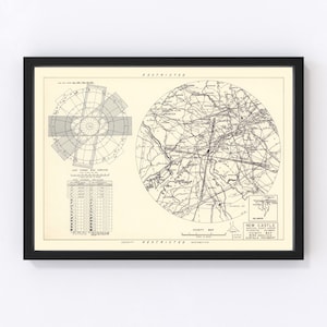 May include: A black and white vintage map of New Castle Municipal County Airport, Delaware. The map includes a compass rose, a wind computer, and a vicinity map. The text "RESTRICTED" appears at the top and bottom of the map.