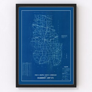 May include: A vintage blueprint map of Harrison County, Indiana, showing roads and towns. The map is printed on blue paper with white lines and text. The title "INDIANA HIGHWAY SURVEY COMMISSION MAP OF HARRISON COUNTY" is printed at the bottom of the map.