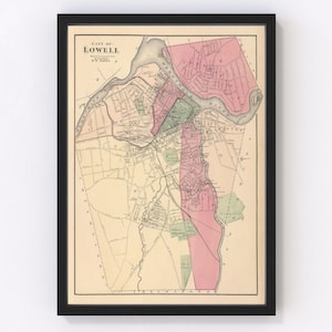 Lowell Map 1871 - Old Map of Lowell Massachusetts Art Vintage Print Framed Canvas Portrait History Genealogy Farmhouse Décor