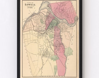 May include: An antique map of the City of Lowell, Massachusetts, published by E.W. Barker. The map shows the city's streets, parks, and waterways, with different colored areas representing different neighborhoods. The map is framed in black.