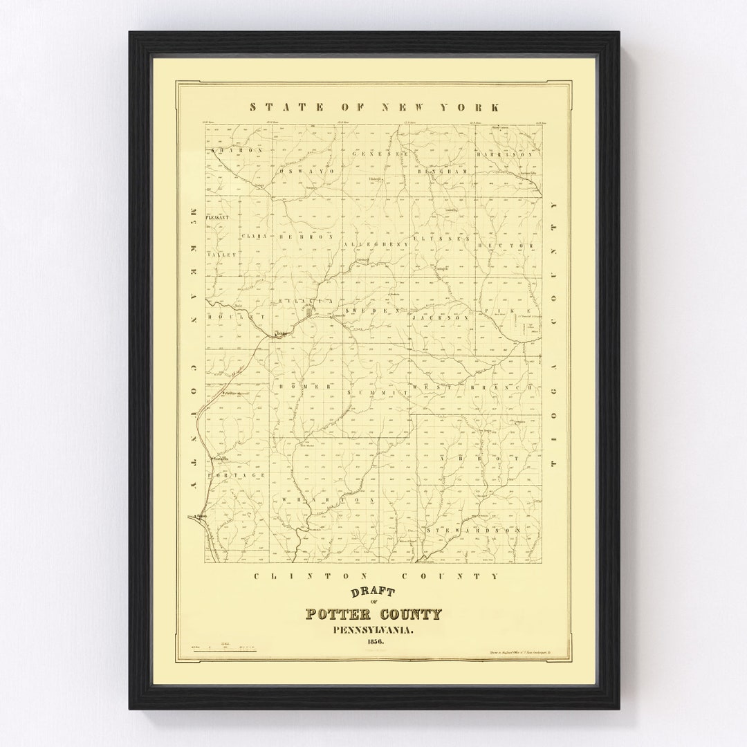 Potter County PA Map 1856 Old Map of Amarillo Pennsylvania Art Vintage