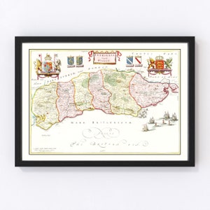 Sussex Map 1665, Vintage Sussex Map, Old Sussex Art, Wall Art Gift for Sussex History Lovers Retro Decor