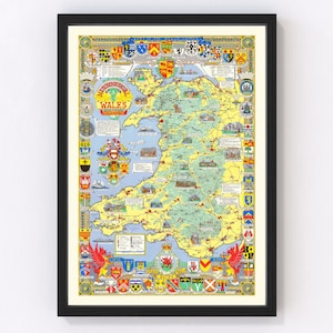 May include: A vintage map of Wales with a yellow background and blue and green accents. The map is surrounded by a border of coats of arms and includes the text "Historical Map of Wales and Monmouthshire".