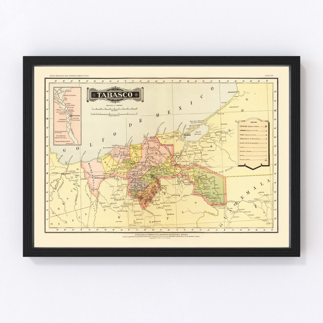 Tabasco Mexico Map 1886 Old Map of Tabasco Mexico Mexico Art Vintage