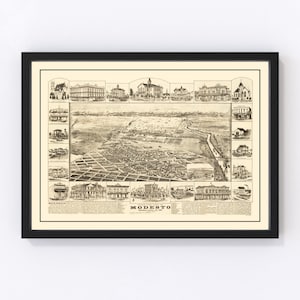 May include: An antique map of Modesto, California, from 1889. The map shows the city's layout with streets, buildings, and a river. The map is in black and white and has a vintage aesthetic.