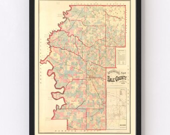 Hale County Map 1870, Vintage Hale County Map, Old Hale County Alabama Art, Wall Art Gift for Hale County History Lovers Retro Decor
