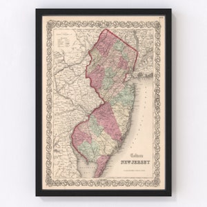 New Jersey Map 1861, Vintage New Jersey Map, Old New Jersey Art, Wall Art Gift for New Jersey History Lovers Retro Decor