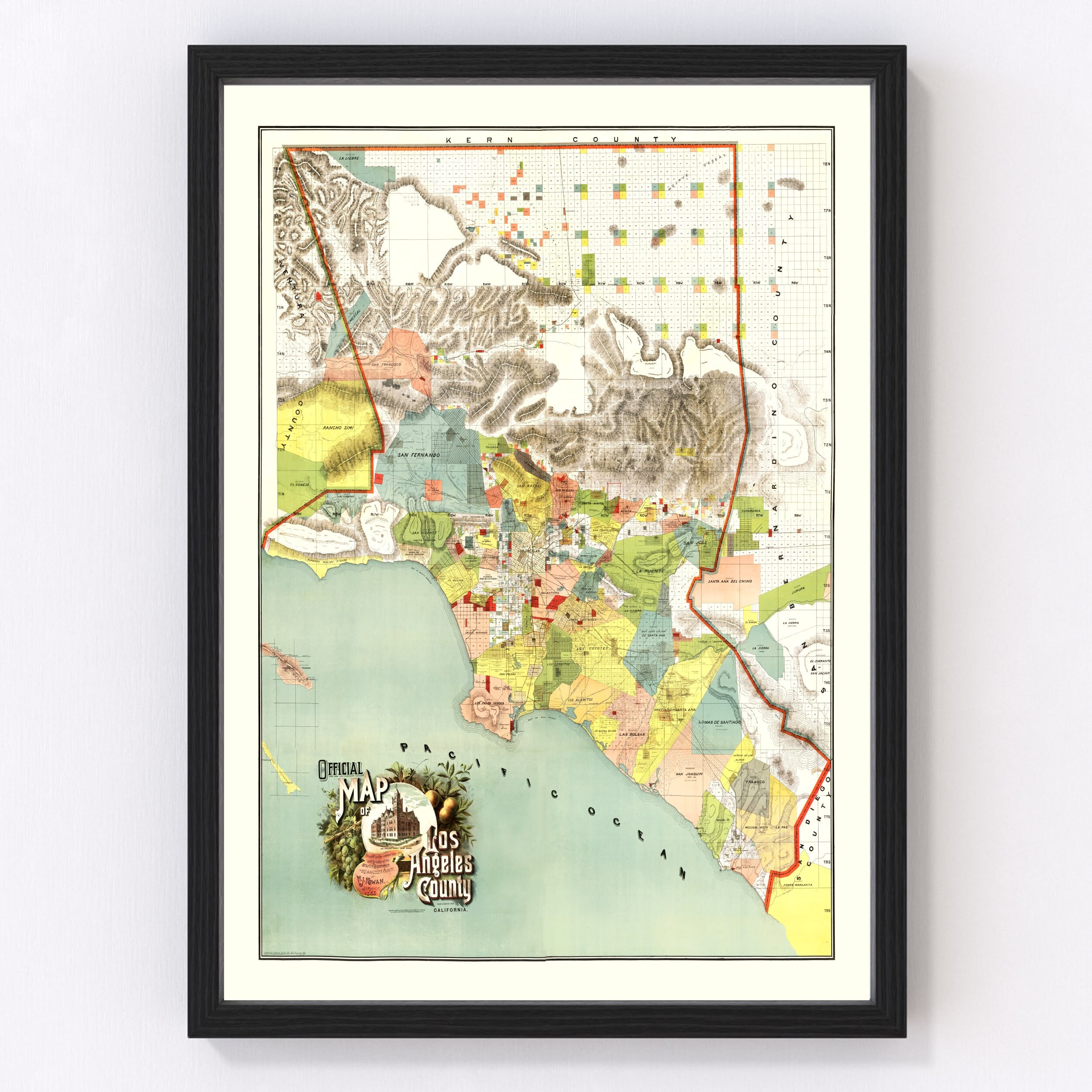 Los Angeles County Map 1888, Vintage Los Angeles County Map, Old