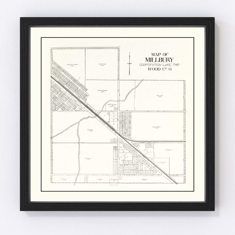 Millbury Map 1912 Old Map of Millbury Ohio Art Vintage Print Framed