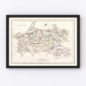 Limerick County Ireland Map 1846 - Old Map of Limerick County Ireland Ireland Art Vintage Print Framed Wall Art Canvas Portrait  History