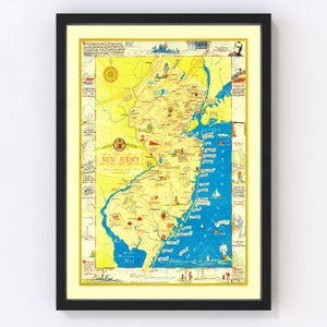 New Jersey Map 1939 - Old Map of New Jersey Art Vintage Print Framed Wall Art Canvas Portrait NJ History Genealogy Farmhouse Décor