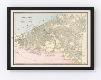 Cleveland Map 1901 - Old Map of Cleveland Ohio Art Vintage Print Framed Canvas Portrait History Genealogy Farmhouse Décor