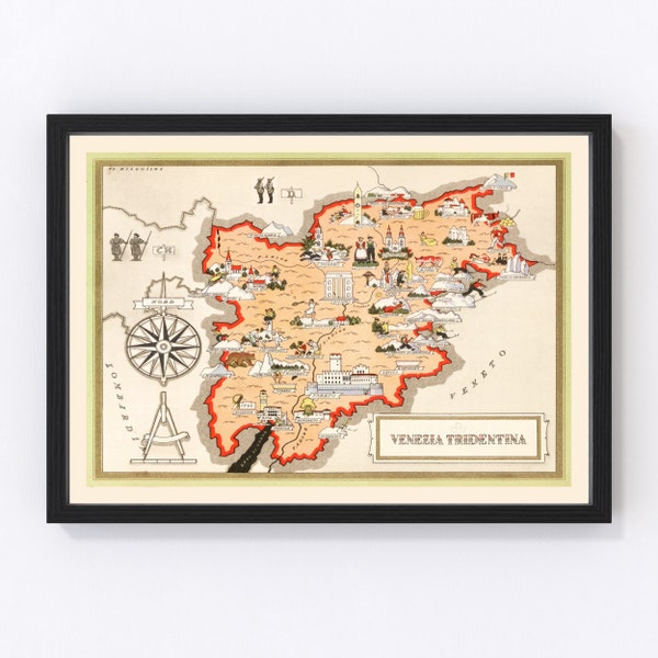 Trentino-Alto Adige Italy Map 1938 - Old Map of Trentino-Alto Adige Italy Italy Art Vintage Print Framed Wall Art Canvas Portrait
