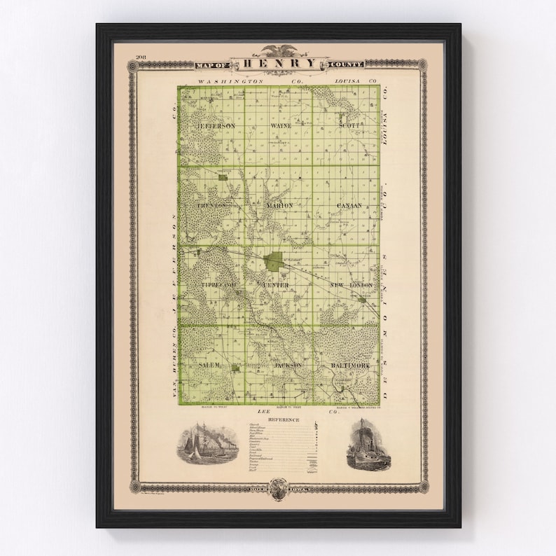Henry County IA Map 1875 Old Map of Mount Pleasant Iowa Art Etsy
