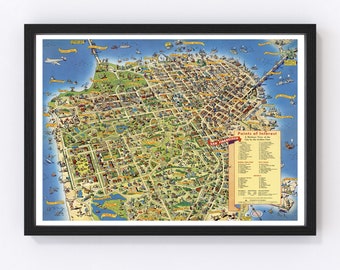 May include: A vintage illustrated map of San Francisco, California. The map shows a bird's eye view of the city with landmarks and points of interest labeled. The map is in a black frame.