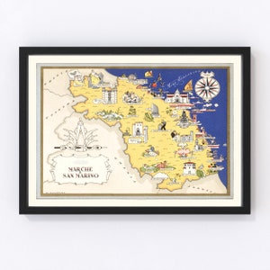 May include: A vintage illustrated map of the Marche and San Marino regions of Italy. The map is in a black frame and features a yellow background with blue and red accents. The map is filled with small illustrations of buildings, people, and animals.