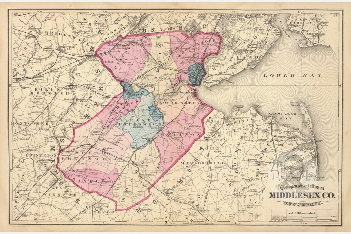 Vintage Middlesex County NJ Map 1872 Old New Jersey Map | Etsy