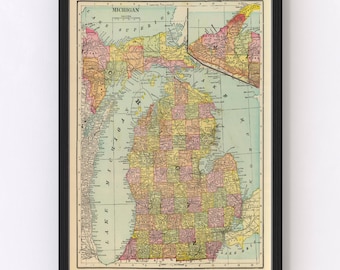 Michigan Map 1909 - Old Map of Michigan Art Vintage Print Framed Wall Art Canvas Portrait MI History Genealogy Farmhouse Décor