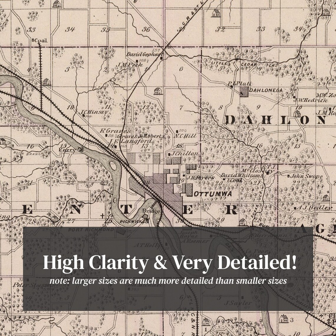 Wapello County IA Map 1875 Old Map of Ottumwa Iowa Art Etsy