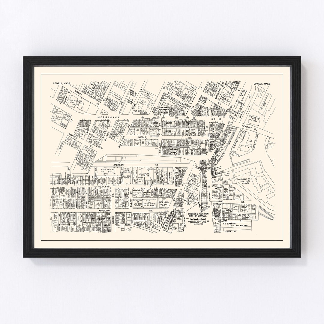 Lowell Map 1946 Old Map of Lowell Business Section Massachusetts Art