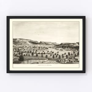 May include: A black and white illustration of Camp Apache, Arizona, a military fort in the 1800s. The fort is surrounded by hills and trees, and there are several buildings and tents visible.