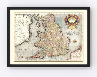 England Map Art - Vintage Print from 1623 - Old England Art - Framed or Canvas