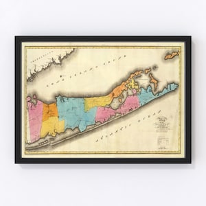 Long Island Map 1829 - Old Map of Long Island New York Art Vintage Print Framed Canvas Portrait History Genealogy Farmhouse Décor