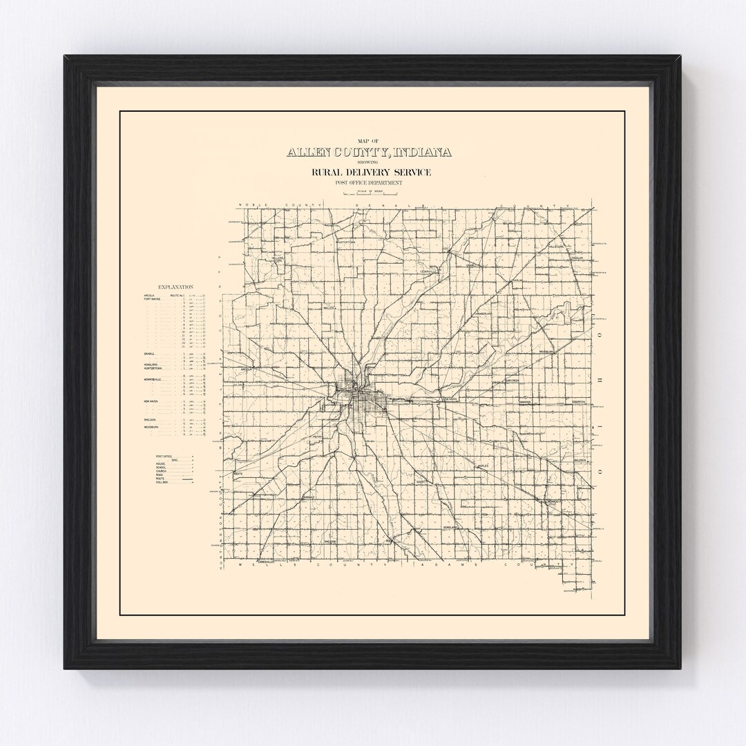 Allen County IN Map 1910 Old Map of Indiana Art Vintage Print Framed ...