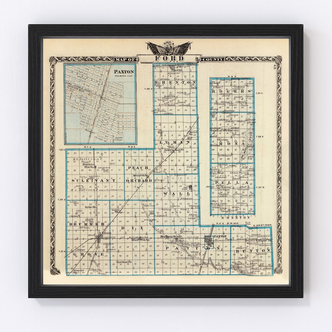 Ford County IL Map 1876 Old Map of Paxton Illinois Art Etsy